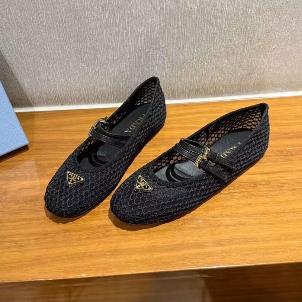 Women's Prada Black Mesh Knit Triangle Logo Mary Jane Flats - Picture 4 of 4